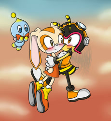 Size: 800x871 | Tagged: safe, artist:xxfreaksofmangaxx, charmy bee, cheese (chao), cream the rabbit, bee, chao, rabbit, 2010, :o, agender, blushing, bow, bowtie, chaream, clothes, clouds, female, flapping wings, flying, holding them, hugging, looking at each other, looking at them, male, mid-air, outdoors, shipping, smile, smiling at each other, straight, sunset, treads, trio, wings