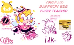Size: 1000x610 | Tagged: safe, artist:silverpawznewaccount, saffron bee, bee, 2024, alternate outfit, alternate universe, au:sonic swap, boots, character name, clothes, color palette, compass, cute, english text, eyewear on head, female, goggles, goggles on head, headset, looking at viewer, reference inset, role swap, saffronabetes, signature, simple background, smile, solo, text, triality, white background, wings