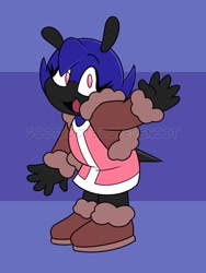 Size: 600x800 | Tagged: safe, artist:dootdootboopedsnoot, saffron bee, bee, 2022, blue bee, boots, clothes, cute, dress, female, flat colors, jacket, looking at viewer, mouth open, obtrusive watermark, open smile, redesign, saffronabetes, smile, smiling at viewer, solo, standing, watermark, waving