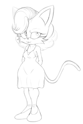 Size: 1280x1920 | Tagged: safe, artist:raccoonshinobi, cat, 2021, clothes, cocoa the cat, dress, female, hands behind back, line art, monochrome, shoes, simple background, smile, solo, standing, white background