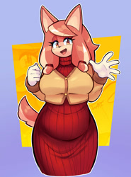 Size: 1280x1726 | Tagged: safe, artist:jamoart, conductor's wife, dog, 2026, akita, bolero, clothes, dress, eye clipping through hair, female, lidded eyes, looking at viewer, mouth open, open smile, outline, smile, smiling at viewer, solo, standing, sweater dress, waving