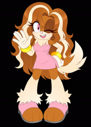 Size: 1280x1778 | Tagged: safe, artist:omorfia-moria, oc, oc:riptide the spaniel, dog, 2025, black background, clothes, cocker spaniel, dress, female, gender swap, gloves, hand on hip, heels, long hair, neck fluff, oc only, paws, pink nose, redesign, shoes, simple background, smile, solo, spaniel, toeless shoes, waving, wink