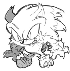 Size: 1232x1240 | Tagged: safe, artist:tenderandmilder, sonic the hedgehog, 2025, clenched teeth, looking offscreen, male, monochrome, sharp teeth, simple background, sketch, smile, solo, sonic the werehog, standing, were form, werehog, white background