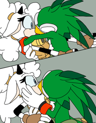 Size: 720x927 | Tagged: safe, jet the hawk, lanolin the sheep, crack shipping, fingerless gloves, holding them, kiss, looking at them, making out, pinning them, shocked, surprise kiss, tongue, white gloves