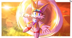 Size: 1547x831 | Tagged: safe, artist:halo哈楼, miles "tails" prower, fox, daytime, eyewear on head, flying, goggles, goggles on head, lens flare, looking at viewer, male, mid-air, mouth open, one fang, open mouth, open smile, outdoors, palm tree, rhythm badge, signature, smile, solo, spinning tails, sun