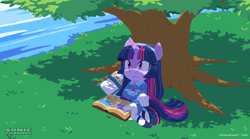 Size: 2160x1205 | Tagged: safe, artist:kanayanga, 2026, bag, barely sonic related, book, female, grass, mobianified, my little pony, outdoors, pony, reading, sitting, solo, tree, twilight sparkle, under a tree, unicorn, water