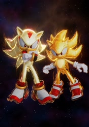 Size: 1434x2048 | Tagged: safe, artist:sxnicgraphix3d, shadow the hedgehog, sonic the hedgehog, super shadow, super sonic, hedgehog, sonic adventure 2, 2026, 3d, arms folded, duo, flying, male, mid-air, outdoors, redraw, smile, soap shoes, space, star (sky), super form