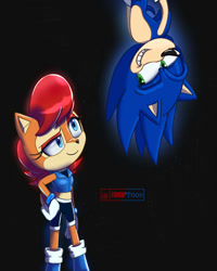 Size: 1080x1350 | Tagged: safe, artist:fliviartoon, sally acorn, sonic the hedgehog, chipmunk, hedgehog, 2023, artist name, black background, disney, duo, elemental (pixar), english text, female, grin, looking at each other, male, sally x sonic, sally's ringblader outfit, shipping, simple background, smile, smiling at each other, straight, upside down