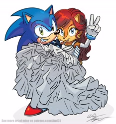 Size: 3815x4096 | Tagged: safe, artist:azul35art, sally acorn, sonic the hedgehog, chipmunk, hedgehog, 2026, artist name, artist signature, carrying them, clothes, duo, english text, female, grin, jewelry, looking at viewer, male, open mouth, open smile, pose, sally x sonic, shipping, smile, smiling at viewer, straight, suit, v sign, wedding, wedding dress, wedding suit