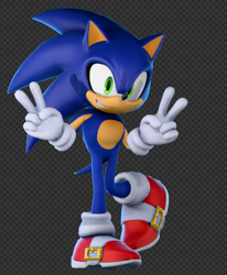 Size: 608x739 | Tagged: safe, artist:danthedj12, sonic the hedgehog, hedgehog, 2026, 3d, checkered background, double v sign, looking at viewer, male, posing, smile, smiling at viewer, solo, standing, standing on one leg, v sign