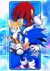 Size: 1448x2048 | Tagged: safe, artist:scrimblocrimbo, knuckles the echidna, miles "tails" prower, sonic the hedgehog, echidna, fox, hedgehog, sonic heroes, 2026, frown, looking at viewer, looking offscreen, male, redraw, smile, team sonic, trio