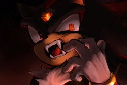Size: 2047x1382 | Tagged: safe, artist:shu_0696, shadow the hedgehog, hedgehog, 2026, fangs, glowing eyes, gradient background, male, mouth open, sharp teeth, solo, sonictober, sonictober 2026, third eye