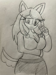 Size: 1280x1707 | Tagged: safe, artist:lordshrekzilla20, conductor's wife, dog, 2025, akita, busty conductor's wife, cleavage, female, frown, hand on hip, line art, monochrome, pencilwork, sketch, solo, standing, traditional media