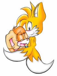Size: 768x1024 | Tagged: safe, artist:electricloba, cream the rabbit, miles "tails" prower, fox, rabbit, 2013, blushing, cream x tails, duo, eye clipping through hair, eyebrow clipping through hair, eyes closed, female, looking at them, male, mouth open, open smile, shipping, simple background, smile, straight, sweatdrop, tan nose, white background