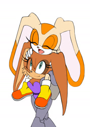 Size: 1280x1793 | Tagged: safe, artist:secretbat00, bunnie rabbot, cream the rabbit, rabbit, 2025, alternate version, cyborg, duo, eye clipping through hair, eyelashes, eyes closed, female, flat colors, hair over one eye, holding each other, looking at them, looking up, looking up at them, mouth open, open smile, riding, riding on shoulders, simple background, smile, standing, walking, white background