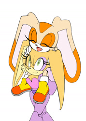 Size: 1280x1793 | Tagged: safe, artist:secretbat00, bunnie rabbot, cream the rabbit, rabbit, 2025, cyborg, duo, eye clipping through hair, eyelashes, eyes closed, female, flat colors, hair over one eye, holding each other, looking at them, looking up, looking up at them, mouth open, open smile, riding, riding on shoulders, simple background, smile, standing, walking, white background