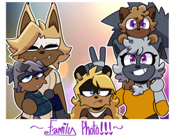 Size: 2048x1593 | Tagged: safe, artist:susahnasomething, tangle the lemur, whisper the wolf, oc, oc:ashes the lemur, oc:auburn the wolf, oc:hectic the tenrec, lemur, tenrec, wolf, 2026, adopted fankid, ambiguous gender, cute, english text, eye clipping through hair, family, fangs, fankid, female, frown, group, mother and child, ocbetes, outline, parent and child, parent:tangle, parent:whisper, parents:whispangle, photo, shipping, smile, tangle x whisper, text, tongue out, v sign, whispabetes