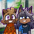 Size: 937x937 | Tagged: safe, artist:susahnasomething, oc, oc:ashes the lemur, oc:auburn the wolf, lemur, wolf, 2026, beanbrows, building, cheek fluff, clothes, cute, day, duo, eye clipping through hair, eyelashes, fankid, fully clothed, grin, lidded eyes, looking at viewer, ocbetes, outdoor, outline, parent:tangle, parent:whisper, parents:whispangle, pose, smile, smiling at viewer, standing
