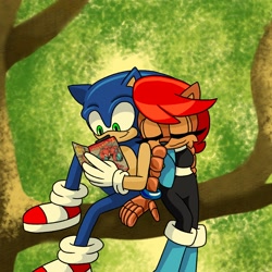 Size: 2048x2048 | Tagged: safe, artist:kittytale, sally acorn, sonic the hedgehog, chipmunk, hedgehog, 2026, alternate universe, au:all in (kittytale), book, comic, daytime, duo, eyes closed, female, holding something, leaning on them, looking at something, male, marvel, outdoors, reading, roboticized, sally x sonic, sally's ringblader outfit, shipping, sitting, smile, spiderman, straight, tree