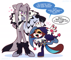 Size: 2048x1740 | Tagged: safe, artist:jesterjesteringjesterly, 2026, agender, alternate universe, blackwood the ermine, dialogue, duo, english text, ermine, fangs, lunar the suger glider, male, mouth open, open smile, pawpads, simple background, smile, soleil the sugar glider, speech bubble, standing, sugar glider, talking, text, white background