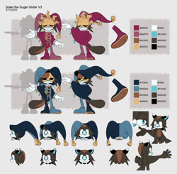 Size: 955x936 | Tagged: safe, artist:spiritsonic, 2025, agender, english text, grey background, lunar the suger glider, reference sheet, simple background, soleil the sugar glider, solo, sugar glider, text