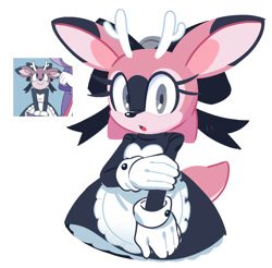 Size: 1301x1280 | Tagged: safe, artist:kaob1112, deer, 2026, bow, clothes, dapple the doe, doe, dress, hand on arm, holding arm, looking at viewer, mouth open, reference inset, simple background, solo, white background