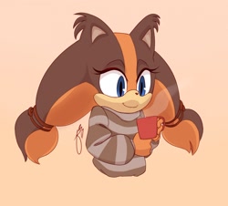 Size: 1280x1155 | Tagged: safe, artist:huwon, sticks the badger, badger, 2017, alternate outfit, clothes, drink, ear fluff, female, holding something, hot cocoa, looking offscreen, mug, signature, simple background, smile, solo, steam, sweater, tan background
