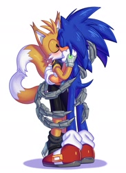 Size: 1499x2048 | Tagged: safe, artist:la_gata_golosa_, miles "tails" prower, nine, sonic the hedgehog, fox, hedgehog, sonic prime, 2026, blushing, duo, eyes closed, gay, hugging, kiss, kiss on lips, male, nine x sonic, shipping, simple background, standing, white background