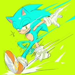 Size: 1640x1640 | Tagged: safe, artist:nothingh0ji, sonic the hedgehog, hedgehog, 2026, eyestrain, green background, lidded eyes, looking at viewer, male, running, simple background, skidding, smile, smiling at viewer, solo, star (symbol), treads