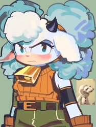 Size: 1536x2048 | Tagged: safe, artist:funnylilghoul, lanolin the sheep, sheep, 2026, angry, bell, cute, female, frown, green background, lanolinabetes, looking at viewer, reference inset, simple background, solo, standing