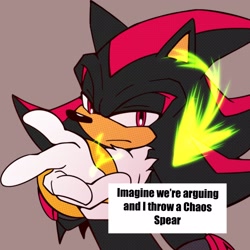 Size: 2048x2048 | Tagged: safe, artist:bleroseart, shadow the hedgehog, hedgehog, 2026, brown background, chaos spear, english text, frown, lidded eyes, looking at viewer, male, meme, simple background, solo, text, weapon