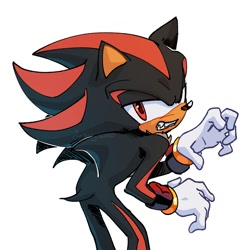 Size: 1500x1500 | Tagged: safe, artist:draivysand, shadow the hedgehog, hedgehog, 2026, bending over, chest fluff, clenched teeth, lidded eyes, looking at viewer, looking back, looking back at viewer, male, posing, sharp teeth, signature, simple background, solo, sonictober, sonictober 2026, standing, white background