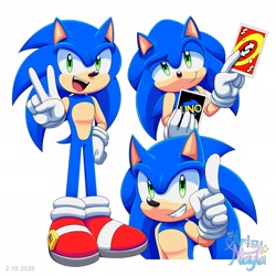 Size: 2048x2048 | Tagged: safe, artist:artsy_nayla, sonic the hedgehog, hedgehog, 2026, card, holding something, looking at viewer, male, mouth open, open smile, pointing, signature, simple background, smile, smiling at viewer, solo, triality, uno, uno reverse card, v sign, white background