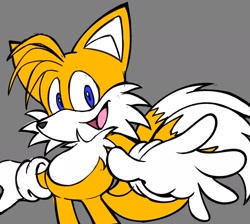 Size: 1862x1667 | Tagged: safe, artist:sonicfastdraw, miles "tails" prower, fox, 2026, flat colors, grey background, male, mouth open, open smile, reaching out, reaching towards the viewer, simple background, smiling at viewer, solo, standing