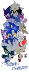 Size: 1080x2656 | Tagged: safe, artist:secretter_zgwl, sonic the hedgehog, super sonic, hedgehog, sonic and the black knight, sonic frontiers, sonic prime, sonic unleashed, 2026, anniversary, armor, clenched fist, cyber form, cyber sonic, dark form, dark sonic, darkspine sonic, english text, excalibur sonic, group, idw sonic the hedgehog, looking at viewer, male, phantom rider, running, simple background, smile, sonic and the secret rings, sonic the werehog, super form, sword, weapon, were form, werehog, white background