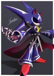Size: 1024x1448 | Tagged: safe, artist:secretter_zgwl, metal sonic, neo metal sonic, border, grey background, male, robot, signature, simple background, solo, standing, white border