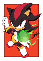 Size: 1000x1414 | Tagged: safe, artist:secretter_zgwl, shadow the hedgehog, hedgehog, 2025, border, chaos emerald, holding something, looking at viewer, male, red background, redraw, signature, simple background, solo, standing, white border