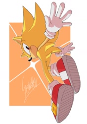 Size: 1000x1423 | Tagged: safe, artist:secretter_zgwl, sonic the hedgehog, super sonic, from behind, looking at viewer, orange background, signature, simple background, smile, solo, super form