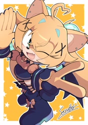Size: 1000x1414 | Tagged: safe, artist:secretter_zgwl, oc, border, commission, female, looking at viewer, mouth open, oc only, signature, simple background, smile, solo, standing, star (symbol), white border, wink, yellow background