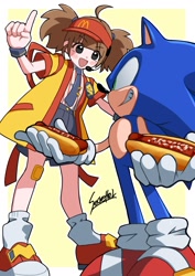Size: 1000x1414 | Tagged: safe, artist:secretter_zgwl, sonic the hedgehog, hedgehog, human, border, character request, chili dog, duo, female, food, grin, holding something, looking at each other, looking at them, male, mcdonalds, signature, simple background, smile, standing, white border, yellow background