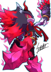 Size: 1000x1414 | Tagged: safe, artist:secretter_zgwl, mephiles the dark, from behind, looking at viewer, male, signature, simple background, solo, white background