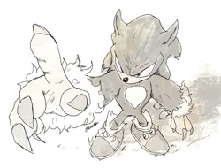 Size: 1176x896 | Tagged: safe, artist:secretter_zgwl, sonic the hedgehog, sonic unleashed, arm up, male, simple background, solo, sonic the werehog, standing, were form, werehog, white background