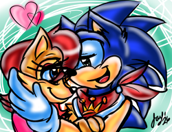 Size: 3850x2975 | Tagged: safe, artist:jayfoxfire, sally acorn, sonic the hedgehog, chipmunk, hedgehog, 2026, abstract background, artist name, duo, english text, female, hand on another's cheek, heart, looking at each other, male, open mouth, open smile, sally x sonic, sally's ringblader outfit, scarf, shipping, smile, smiling at each other, star (symbol), straight, tongue