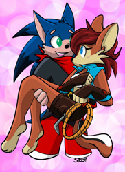 Size: 1024x1409 | Tagged: safe, artist:sassymelvin, sally acorn, sonic the hedgehog, chipmunk, hedgehog, 2022, abstract background, alternate universe, carrying them, clothes, duo, female, fully clothed, lasso, looking at each other, male, open mouth, open smile, pants, sally x sonic, scarf, shipping, shirt, shorts, smile, smiling at them, straight, t-shirt, vest, walking