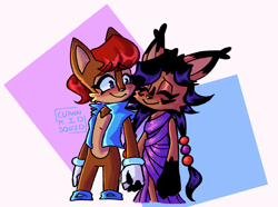 Size: 1704x1269 | Tagged: safe, artist:squidddkiddd, nicole the hololynx, sally acorn, 2021, clothes, cute, duo, eyelashes, eyes closed, female, gilet, happy, holding hands, lesbian, looking at them, nicabetes, nicole x sally, nicole's purple wraps, sallabetes, sally's vest and boots, shipping, smile, standing