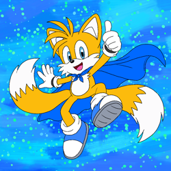 Size: 1254x1254 | Tagged: safe, artist:silversfangurl, miles "tails" prower, fox, 2026, blue shoes, cape, flat colors, looking at viewer, male, mid-air, mouth open, open smile, smiling at viewer, solo, thumbs up, treads
