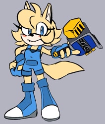 Size: 531x627 | Tagged: safe, artist:cupidsonic, oc, oc:angel the wolf, wolf, 2020, blue gloves, blue shoes, blushing, boots, eyelashes, female, fingerless gloves, flat colors, gloves, grey background, hair, hand on hip, holding something, looking at viewer, oc only, one fang, overalls, redesign, simple background, smile, smiling at viewer, solo, weapon, wispon