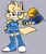 Size: 531x627 | Tagged: safe, artist:cupidsonic, oc, oc:angel the wolf, wolf, 2020, blue gloves, blue shoes, blushing, boots, eyelashes, female, fingerless gloves, flat colors, gloves, grey background, hair, hand on hip, holding something, looking at viewer, oc only, one fang, overalls, redesign, simple background, smile, smiling at viewer, solo, weapon, wispon