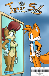 Size: 1548x2380 | Tagged: safe, artist:shieltar, miles "tails" prower, sally acorn, chipmunk, fox, comic:my inner sally, 2025, bar code, boots, breasts, clothes, comic, comic cover, duo, featureless breasts, female, gilet, gradient background, hand on hip, looking at something, male, mirror, outfit swap, reflection, sally's vest and boots, smile