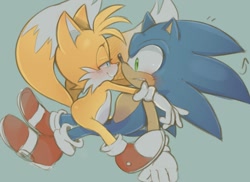 Size: 1093x794 | Tagged: safe, artist:funkiepoop, miles "tails" prower, sonic the hedgehog, fox, hedgehog, arrow, blushing, duo, frown, gay, green background, hugging, lidded eyes, looking at each other, male, shipping, simple background, sitting, sitting on them, smile, sonic x tails, surprised, sweatdrop